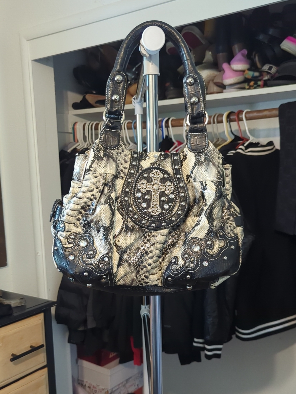 Studded Snake-Print Shoulder Bag‎ in Black & Cream